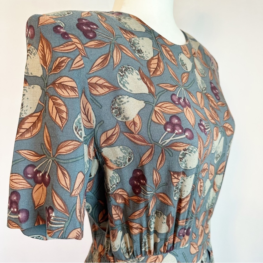 SOLD! Vintage 80's Karin Stevens Green Fruit Pleated A-Line Midi Dress 8 Petite - Picture 8 of 16